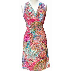 Ralph Lauren Paisley Sheath Dress SMALL Ruched Faux Wrap V-Neck Orange Flamingo